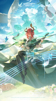 1girl bard bare_shoulders bird black_boots blue_sky boots breasts brown_horns ciaccona_(wuthering_waves) closed_eyes commentary copyright_notice day dress english_commentary english_text flower grass hair_between_eyes hair_flower hair_ornament highres holding holding_weapon horns large_breasts logo medium_hair multiple_views musical_note official_art outdoors pointy_ears red_hair sky tacet_mark_(wuthering_waves) thigh_boots thighs tree_horns weapon white_bird white_dress white_wrist_cuffs wide_shot wrist_cuffs wuthering_waves
