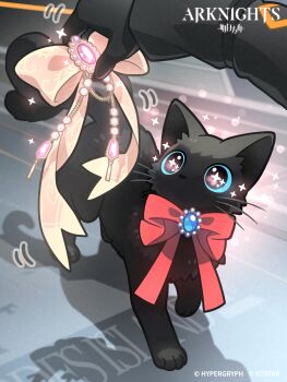 1girl 1other absurdres arknights black_cat black_gloves black_jacket bow bowtie brooch cat commentary copyright_name copyright_notice english_commentary gloves highres holding holding_bow_(ornament) jacket jewelry looking_up miss_christine_(arknights) morini_ochiteru multiple_tails official_art red_bow red_bowtie rhodes_island_logo_(arknights) second-party_source shadow sparkle sparkling_eyes tail white_bow