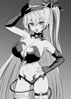 1girl absurdres arm_up bare_shoulders bikini blue_archive blush breasts cleavage collarbone commentary_request cowboy_shot crossed_bangs demon_girl demon_tail elbow_gloves eri_(blue_archive) fang fingerless_gloves gloves gradient_background greyscale hair_between_eyes hand_on_own_hip hat highres large_breasts long_hair looking_at_viewer mendako1208 monochrome navel one_side_up open_mouth peaked_cap smile solo stomach swimsuit tail thigh_strap thighhighs very_long_hair