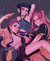 Rule 34 | 3girls, absurdres, arm up, artist name, black hair, black shorts, braid, commentary, cropped jacket, cropped shirt, double bun, earrings, english commentary, hair bun, highres, ikimaru, jacket, jewelry, kpop demon hunters, long hair, looking at viewer, midriff, mira (kpop demon hunters), multiple girls, open clothes, open jacket, parted lips, pink hair, purple hair, rumi (kpop demon hunters), shirt, shorts, smile, sparkle, white shirt, zoey (kpop demon hunters)