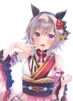 1girl amane7gisa animal_ears bare_shoulders commentary_request curren_chan_(umamusume) flower hair_flower hair_ornament highres horse_ears horse_girl looking_at_viewer nail_polish open_mouth purple_eyes smile umamusume white_background white_hair