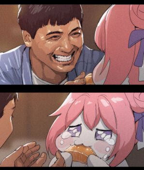 :3 absurdres blush cirenk creature doro_(nikke) flower-shaped_hair food fruit goddess_of_victory:_nikke hair_between_eyes hair_bun hair_intakes hair_ornament highres meme open_mouth orange_(fruit) pink_hair purple_eyes purple_ribbon ribbon shiny_eyes simple_background single_side_bun smile teeth