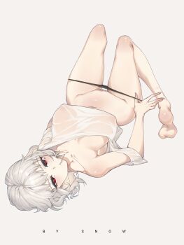 1girl bare_shoulders barefoot black_panties blush breasts clothes_pull collarbone covered_erect_nipples fate/stay_night fate_(series) highres large_breasts leysritt_(fate) looking_at_viewer navel off_shoulder panties red_eyes shirt short_hair short_sleeves solo suhyeon underwear white_hair white_shirt
