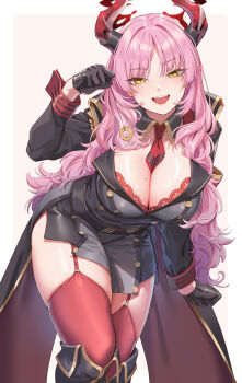 1girl :d black_gloves blue_archive breasts cleavage coattails coin coin_on_string demon_horns fangxiang_cuoluan garter_straps gloves gold_trim halo hand_up highres holding holding_pendulum horns hypnotizing_viewer large_breasts leaning_forward long_hair looking_at_viewer mole mole_on_breast necktie open_mouth pendulum pink_hair red_eyes red_horns red_necktie satsuki_(blue_archive) smile solo teeth upper_teeth_only very_long_hair wavy_hair wing_collar yellow_eyes