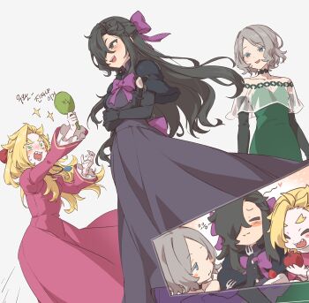 Rule 34 | 0kara96, 3boys, apple, back bow, bare shoulders, bell sleeves, black choker, black dress, black eyes, black gloves, black hair, black shawl, blonde hair, blue eyes, blush, bow, choker, closed eyes, collarbone, crossdressing, crossdressing (mtf), crossed arms, cut-in, dress, eating, elbow gloves, evening gown, food, fork, forked eyebrows, frilled sleeves, frills, fruit, fur shawl, garfiel tinsel, gloves, gown, green dress, green eyes, grey hair, hair bow, hair over one eye, hand mirror, highres, jewelry, korean commentary, korean text, long hair, looking at another, looking at mirror, male focus, mirror, multiple boys, natsuki subaru, natsumi schwarz, necklace, one eye closed, open mouth, otto suewen, purple bow, re:zero kara hajimeru isekai seikatsu, red bow, red dress, sharp teeth, shawl, simple background, sparkle, surprised, sweatdrop, teeth, thick eyebrows, white background