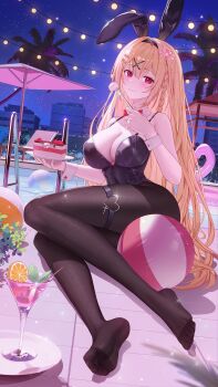 1girl animal_ear_hairband animal_ears ball bare_shoulders beachball black_leotard black_pantyhose blonde_hair blush braid breasts building cake cake_slice chair character_request chinese_commentary cleavage closed_mouth cocktail_glass commentary_request cup detached_collar drinking_glass dutch_angle fake_animal_ears feet flower food fork fruit hair_between_eyes hair_flower hair_ornament hairband hand_up highres holding holding_cake holding_food holding_fork holding_plate indie_virtual_youtuber inflatable_flamingo large_breasts legs leotard long_hair longyu_(17767756) looking_at_viewer lounge_chair lying mint nail_polish night on_side orange_(fruit) orange_slice outdoors palm_tree pantyhose pink_nails plate playboy_bunny pool pool_ladder poolside rabbit_ears red_eyes sidelocks single_braid sky smile soles solo sparkle star_(symbol) star_hair_ornament thigh_strap thighs tile_floor tiles toes tree umbrella very_long_hair virtual_youtuber water wrist_cuffs x_hair_ornament