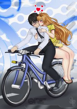 Rule 34 | absurdres, asian, bicycle, blonde hair, commission, couple, flip-flops, glasses, havaianas, heart, highres, kiss, kissing cheek, nail polish, necktie, oc x canon, pactumsyl, riding, riding bicycle, road, rwby, sandals, yang xiao long
