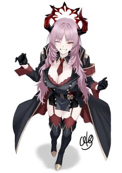 1girl absurdres between_breasts black_boots black_coat black_dress black_gloves blue_archive blush boots bra bra_peek breasts cleavage coat demon_girl demon_horns detached_collar dress gloves grin halo highres horns large_breasts long_hair looking_at_viewer mole mole_on_breast necktie necktie_between_breasts oto_jampan parted_bangs pink_hair red_eyes red_garter_straps red_halo red_necktie red_thighhighs satsuki_(blue_archive) smile solo thigh_boots thighhighs underwear