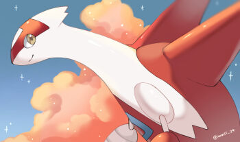 Rule 34 | artist name, blue sky, closed mouth, cloud, commentary request, gen 3 pokemon, iwasi 29, latias, legendary pokemon, nintendo, no humans, pokemon, pokemon (creature), red clouds, sky, smile, sparkle, twitter username, wings, yellow eyes