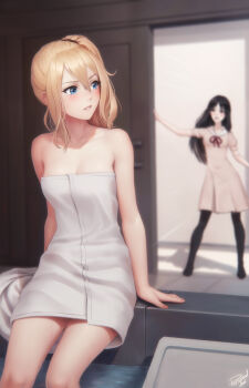 2girls bathtub black_hair black_pantyhose blonde_hair blue_eyes breasts female_focus hayasaka_ai highres indoors kaguya-sama_wa_kokurasetai_~tensai-tachi_no_renai_zunousen~ long_hair looking_at_another looking_back medium_breasts multiple_girls naked_towel pantyhose parted_lips personal_ami school_uniform shinomiya_kaguya side_ponytail sitting towel walk-in
