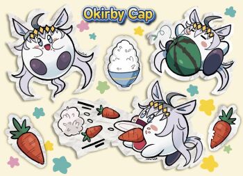 ahoge animal_ears blue_eyes blush blush_stickers borrowed_hairstyle carrot closed_eyes cosplay ear_ornament eating food food_in_mouth food_on_face fruit glutton grey_hair grey_tail hair_between_eyes hair_ornament hairband highres horse_ears horse_tail inhaling kirby kirby_(series) long_hair multicolored_hair nintendo oguri_cap_(umamusume) oguri_cap_(umamusume)_(cosplay) open_mouth plate rice rookiebe smile star_(symbol) tail umamusume umamusume:_cinderella_gray watermelon