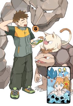 Rule 34 | 1boy, 1girl, absurdres, arm behind head, articuno, black pants, brock (pokemon), brown hair, closed eyes, commentary request, froakie, gen 1 pokemon, gen 4 pokemon, gen 6 pokemon, golem (pokemon), highres, jacket, keina (ke1na h), legendary pokemon, looking at another, mankey, misty (pokemon), multicolored footwear, nintendo, onix, open mouth, pants, pokemon, pokemon (creature), pokemon frlg, pokemon tcg, pokemon tcg pocket, rotom, rotom phone, shoelaces, short-sleeved jacket, short sleeves, simple background, staryu, sweatdrop, white background