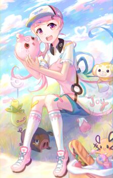 1girl apron baseball_cap cloud collared_shirt commentary_request day dedenne fidough gen_2_pokemon gen_6_pokemon grass hat heal_ball holding holding_pokemon igglybuff joy_(pokemon) kutsunohito lechonk long_hair nintendo open_mouth outdoors pink_hair pink_shoes poke_ball pokemon pokemon_(creature) pokemon_sv purple_eyes shirt shoes short_sleeves shorts sitting sky smoliv socks strap_slip teeth tongue upper_teeth_only white_socks