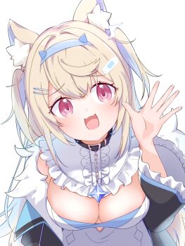1girl animal_ear_fluff animal_ears belt_collar black_collar black_jacket blonde_hair blue_hair breasts cleavage collar comomo dog_ears dog_girl dress fuwawa_abyssgard fuwawa_abyssgard_(1st_costume) highres hololive hololive_english jacket large_breasts long_hair multicolored_hair open_mouth pink_eyes smile solo streaked_hair two_side_up very_long_hair virtual_youtuber white_background white_dress
