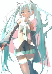 Rule 34 | 1girl, aqua hair, aqua necktie, bare shoulders, black boots, black skirt, blue eyes, boots, commentary, detached sleeves, hashtag-only commentary, hatsune miku, highres, kurukuru1202kr, long hair, looking at viewer, necktie, number tattoo, pleated skirt, shirt, shoulder tattoo, skirt, sleeveless, sleeveless shirt, smile, solo, tattoo, thigh boots, twintails, vocaloid