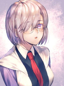 1girl :o black_shirt blush breasts collared_shirt fate/grand_order fate_(series) fujikawa_akira glasses hair_over_one_eye looking_at_viewer mash_kyrielight necktie parted_lips purple_eyes purple_hair red_necktie shirt short_hair smile solo tongue upper_body