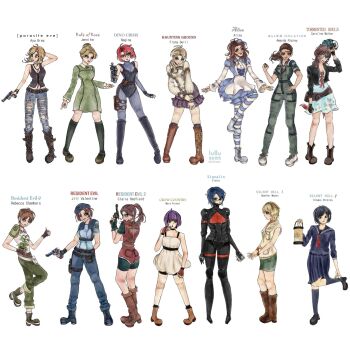 Rule 34 | 6+girls, alien: isolation, alien (series), alisa (alisa), alisa (video game), amanda ripley, aya brea, belt, belt buckle, black hair, blonde hair, blue pants, brown hair, buckle, caroline walker, claire redfield, crow country, denim, dress, elster (signalis), fiona belli, full body, green dress, gun, hair bun, hair over one eye, hat, heather mason, highres, holding, holding gun, holding weapon, horror (theme), jeans, jennifer (rule of rose), jill valentine, lulluseas, mara forest, medium hair, midriff, multiple girls, pants, police, police hat, police uniform, ponytail, purple hair, rebecca chambers, red hair, regina (dino crisis), resident evil, resident evil 0, resident evil 1, resident evil 2, robot girl, shimizu hinako, short hair, signalis, silent hill (series), silent hill 3, silent hill f, simple background, standing, tormented souls, torn clothes, torn jeans, torn pants, weapon, white background