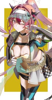 1girl black_horns black_skirt blush breasts cleavage closed_mouth cowboy_shot ctyy detached_wings halo high_ponytail highres hololive hololive_english horns irys_(hololive) irys_(race_queenrys)_(hololive) large_breasts long_hair miniskirt multicolored_hair one_eye_closed pleated_skirt pointy_ears ponytail purple_eyes purple_hair red_hair simple_background skirt solo star_halo streaked_hair two-tone_hair virtual_youtuber white_skirt wings yellow_background
