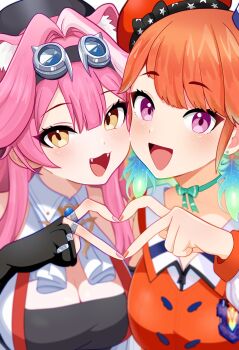 2girls :3 animal_ears aqua_feathers ascot beret black_bow black_gloves black_hat blush bow breasts cleavage collared_shirt commentary earrings english_commentary eyeshadow fangs feather_earrings feathers fingernails ghosttbyun gloves goggles goggles_on_head green_eyes hair_intakes hat heart heart_hands heart_hands_duo highres hololive hololive_english jewelry large_breasts long_hair long_sleeves looking_at_viewer makeup multicolored_hair multiple_girls multiple_rings nail_polish neck_ribbon open_mouth orange_hair orange_hat orange_nails orange_shirt panther_ears panther_girl partially_fingerless_gloves pink_eyes pink_eyeshadow pink_hair pink_nails raora_panthera raora_panthera_(1st_costume) ribbon ring shirt simple_background smile star_(symbol) star_print streaked_hair takanashi_kiara takanashi_kiara_(1st_costume) tongue two-tone_hair virtual_youtuber white_ascot white_background white_shirt yellow_eyes