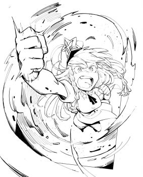 Rule 34 | 1girl, arm up, bow, braid, breasts, clenched hands, daitai konna kanji, from above, greyscale, hair bow, hair ornament, hat, hong meiling, long hair, looking at viewer, medium breasts, monochrome, neck ribbon, open mouth, pants, punching, ribbon, shirt, short sleeves, simple background, solo, star (symbol), star hair ornament, touhou, twin braids, white background