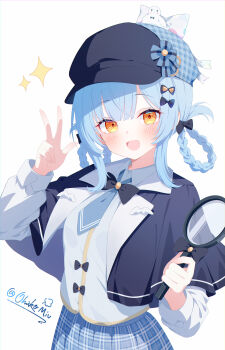 1girl :d absurdres artist_name black_capelet black_hat blue_hair blue_necktie blue_skirt blunt_bangs braid braided_hair_rings capelet chinese_commentary collared_shirt commentary_request cowboy_shot deerstalker detective grey_vest hair_rings hat highres holding holding_magnifying_glass long_hair long_sleeves looking_at_viewer magnifying_glass mahou_shoujo_no_majo_saiban necktie ohako_miyu open_mouth plaid_clothes plaid_skirt pleated_skirt shirt signature simple_background skirt smile solo sparkle tachibana_sherry vest w yellow_eyes