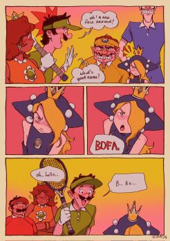 2girls 4boys annoyed blonde_hair blue_eyes blush breasts brooch brown_hair crown embarrassed facial_hair flat_chest hair_over_one_eye hat highres jewelry large_breasts looking_at_another luigi mario mario_(series) mario_power_tennis mario_tennis mario_tennis_aces mini_crown multiple_boys multiple_girls mustache nintendo optica princess_daisy racket speech_bubble talking tennis_racket waluigi wario warupeach