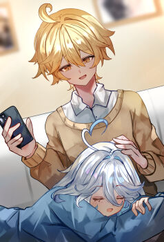 Rule 34 | 1boy, 1girl, absurdres, aether (genshin impact), bimmy, blonde hair, blue hair, blue shirt, brown sweater, cellphone, commentary, english commentary, furina (genshin impact), genshin impact, hair between eyes, highres, holding, holding phone, long sleeves, multicolored hair, open mouth, phone, shirt, short hair, smartphone, smile, streaked hair, sweater, white hair, white shirt, yellow eyes