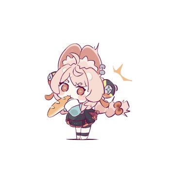 1girl ^^^ ahoge animal_ear_fluff animal_ear_piercing animal_ears animal_feet anklet blush braid braided_twintails bread bright_pupils chibi chibi_only commentary_request eating food full_body furry furry_female green_shirt hair_ornament highres holding holding_food jewelry long_hair looking_at_viewer pink_fur pink_hair rabbit_ears rabbit_girl ramuawa red_eyes screw shirt short_eyebrows simple_background solo sphere_hair_ornament thick_eyebrows white_background white_pupils zenless_zone_zero zhao_(zenless_zone_zero)