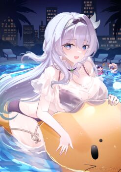 1girl :d absurdres aqua_hair artist_name bikini black_bikini blue_eyes breasts cleavage commentary_request elanore firefly_(honkai:_star_rail) gradient_hair grey_hair highres honkai:_star_rail honkai_(series) inflatable_toy large_breasts long_hair multicolored_eyes multicolored_hair night open_mouth pine_tree pink_eyes pool see-through_clothes see-through_shirt shirt smile solo swimsuit tree two-tone_eyes wet white_shirt