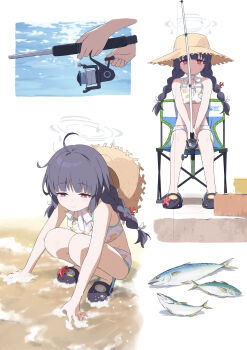 1girl absurdres ahoge beach bikini black_hair blue_archive braid crocs fish fishing fishing_rod flat_chest grey_halo halo hat highres holding holding_fishing_rod laika_(sputnik2nd) leaf_print legs light_smile long_hair miyu_(blue_archive) miyu_(swimsuit)_(blue_archive) multiple_views ocean official_alternate_costume print_bikini red_eyes sidelocks sitting squatting starfish stomach straw_hat swimsuit thighs twin_braids white_background