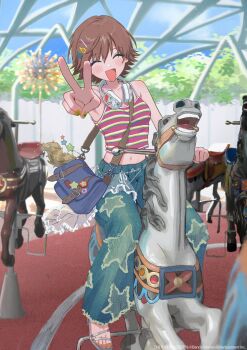 1girl ^_^ absurdres bag bandai_namco blurry blurry_background blush brown_hair carousel closed_eyes collarbone commentary copyright_notice cropped_shirt denim fingernails flipped_hair fragments_of_the_idolmaster_cinderella_girls hamafugu hashtag-only_commentary headphones headphones_around_neck highres honda_mio horseback_riding idolmaster idolmaster_cinderella_girls jeans midriff nail_polish navel official_art pants riding sandals shirt short_hair shoulder_bag sleeveless sleeveless_shirt smile solo symbol-only_commentary toenail_polish toenails v
