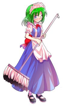 Rule 34 | 1girl, alphes (style), android, apron, bare arms, blue dress, blue shoes, blush, commentary request, dairi, dress, frilled sleeves, frills, full body, green hair, hair between eyes, holding, large variant set, maid, maid apron, maid headdress, mary janes, mop, parody, parted bangs, puffy short sleeves, puffy sleeves, ruukoto, shoes, short hair, short sleeves, socks, solo, standing, style parody, tachi-e, touhou, touhou (pc-98), transparent background, variant set, waist apron, white apron, white socks