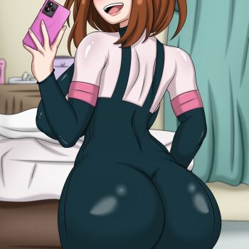 1girl ass bodysuit boku_no_hero_academia breasts brown_hair cellphone curvy from_behind huge_ass huge_breasts mattc-art2 open_mouth phone plump selfie smile solo thighs uraraka_ochako uraraka_ochako_(hero_outfit) wide_hips