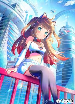 Rule 34 | 1girl, ahoge, animal ear headphones, animal ears, aqua eyes, bandeau, black boots, black shirt, blue sky, blunt bangs, boots, bow, bowtie, brown hair, cat ear headphones, cat ears, chest belt, cityscape, closed mouth, cloud, commentary request, copyright name, day, detached sleeves, fake animal ears, flat chest, flying car, garter straps, gradient hair, halter shirt, halterneck, headphones, highleg, highleg panties, hololive, ikari (aor3507), long hair, long sleeves, looking at viewer, miniskirt, multicolored hair, natsuiro matsuri, natsuiro matsuri (re:start), navel, official alternate costume, official alternate hairstyle, official art, outdoors, overskirt, panties, panty straps, pink hair, platform boots, pleated skirt, red bow, red bowtie, see-through cleavage, see-through clothes, shirt, sitting, sitting on fence, skirt, sky, sleeveless, sleeveless shirt, smile, solo, stomach, thigh boots, two side up, undershirt, underwear, v-shaped eyebrows, virtual youtuber, white bandeau, white skirt, white sleeves