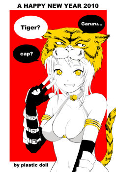 1girl 2010 bikini breasts chinese_zodiac cleavage commentary_request elbow_gloves english_text fingerless_gloves gloves grin happy_new_year highres limited_palette looking_at_viewer medium_breasts nengajou new_year ragnarok_online red_background sakuraya39 short_hair smile solo swimsuit tail tiger_hat tiger_tail upper_body w whitesmith_(ragnarok_online) year_of_the_tiger yellow_eyes