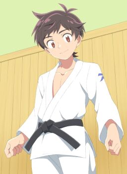 1boy belt black_belt brown_eyes brown_hair closed_mouth collarbone commentary_request commission cowboy_shot dougi guranaada long_sleeves looking_at_viewer male_focus martial_arts_belt pectoral_cleavage pectorals sarazanmai short_hair skeb_commission solo yasaka_kazuki