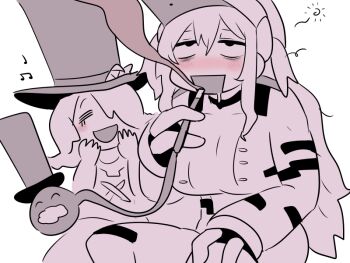 2girls :d bags_under_eyes blush blush_stickers breasts commentary drooling fascinator fewer_digits galarian_form galarian_weezing gen_4_pokemon gen_8_pokemon hat hookah huge_breasts kasugai_(de-tteiu) legendary_pokemon makhia_(kasugai_(de-tteiu)) mask mask_on_head messy_hair monochrome multiple_girls musical_note nintendo nose_blush open_mouth personification pokemon regigigas rolling_eyes smile spoken_musical_note squeans top_hat two_side_up white_background
