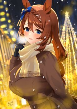 1girl absurdres animal_ears black_gloves blue_bow blue_eyes blush bow braid breasts breath brown_coat brown_hair coat commentary_request gloves hair_between_eyes highres horse_ears horse_girl large_breasts long_hair looking_at_viewer multicolored_hair narumi_yuzurai open_mouth scarf smile solo streaked_hair super_creek_(umamusume) textless_version umamusume very_long_hair white_hair white_scarf