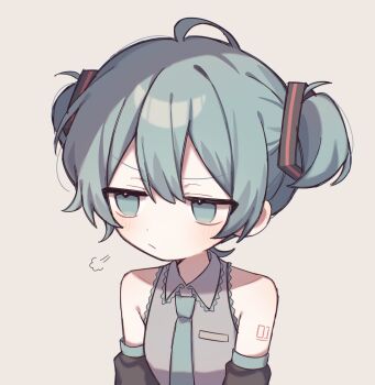 1girl :/ aged_down ahoge alternate_hair_length alternate_hairstyle angry aqua_eyes aqua_hair aqua_necktie arm_tattoo bare_shoulders black_sleeves child closed_mouth collared_shirt commentary detached_sleeves double-parted_bangs frown grey_background grey_shirt hair_between_eyes hatsune_miku highres light_blush lone_nape_hair looking_to_the_side meroharome necktie number_tattoo portrait puff_of_air red_tattoo shirt short_hair short_twintails simple_background sleeveless sleeveless_shirt solo tattoo twintails vocaloid wing_collar