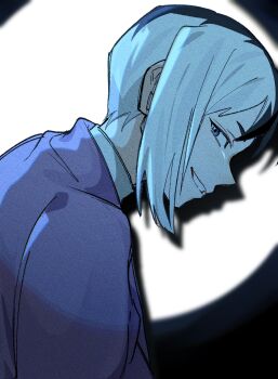 0a_9_(pixiv82791714) 1boy asagiri_gen asymmetrical_hair black_hair blue_eyes dr._stone from_side grin highres jacket japanese_clothes long_sleeves looking_at_viewer male_focus multicolored_hair profile purple_jacket shirt short_hair smile smirk solo spotlight teeth turtleneck turtleneck_shirt two-tone_hair upper_body white_hair