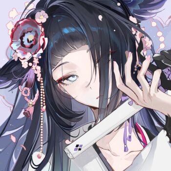 1girl arknights black_hair blue_eyes blunt_bangs chinese_commentary commentary_request ershuihe eyeshadow flower hair_flower hair_ornament hair_over_one_eye hands_up head_tilt holding holding_sword holding_weapon japanese_clothes long_hair looking_at_viewer makeup mio_(arknights) parted_lips pink_flower portrait red_eyeshadow solo sword tassel weapon