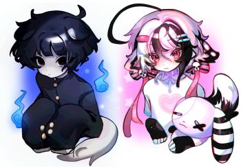 1boy 1girl ahoge black_eyes black_hair black_jacket black_streaks closed_mouth cloud_(lufaeris) commentary gakuran hair_between_eyes hair_ornament hairclip highres hitodama holding holding_stuffed_toy huge_ahoge jacket long_sleeves looking_at_viewer multicolored_hair original parallel_hairclips pink_eyes pink_hair school_uniform shirt short_hair simple_background skull_hair_ornament sleeves_past_fingers sleeves_past_wrists star_(symbol) streaked_hair stuffed_animal stuffed_rabbit stuffed_toy symbol-only_commentary white_background white_shirt