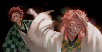 Rule 34 | 2boys, = =, absurdres, adjusting hair, behind another, bishamon kikkou, black background, checkered clothes, checkered haori, chinese commentary, closed eyes, commentary request, facial scar, facing viewer, forehead, green haori, hand on own forehead, haori, highres, hitting, japanese clothes, jujutsu kaisen, kamado tanjirou, kimetsu no yaiba, kimono, long sleeves, male focus, medium hair, mei hao guozi, meme, motion blur, motion lines, multiple boys, naoya hitting choso without looking (meme), open mouth, parted lips, patterned clothing, perspective, pink hair, sabito (kimetsu), scar, scar on cheek, scar on face, scar on forehead, short hair, simple background, slap mark, slap mark on face, turn pale, u u, very short hair, white haori, wide sleeves, wince