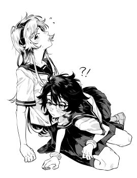 !? 2girls blush chinese_commentary commentary from_side glasses greyscale hairband highres jiguang_haibao koishikawa_iko long_hair momijiyama_teru monochrome multiple_girls pleated_skirt profile sailor_collar school_uniform semi-rimless_eyewear shirt short_hair shy_(series) simple_background skirt white_background yuri