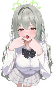 1girl absurdres blue_archive blush bow bowtie bra braid bralines breasts brown_hair choppy_bangs diagonal-striped_bow diagonal-striped_bowtie diagonal-striped_clothes finger_in_own_mouth flower_halo green_bow green_bowtie green_halo grey_skirt hair_bow hair_ribbon halo hazel_eyes highres long_hair looking_at_viewer miyo_(blue_archive) ribbon ribbon_braid shirt skirt solo striped_bow striped_bowtie striped_clothes sweat tongue tongue_out underwear white_background white_bow yellow_eyes zuki_(user_mzpz5848)