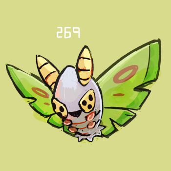 antennae bug commentary dustox english_commentary full_body gen_3_pokemon green_background highres kurapixel nintendo no_humans pokedex_number pokemon pokemon_(creature) pokemon_focus smile solo wings yellow_eyes
