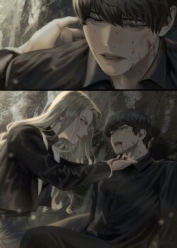 1boy 1girl anna_croft black_hair black_jacket black_necktie black_shirt blackbox_(blackbox9158) blonde_hair blood blood_from_mouth blood_on_face blood_on_hands collared_shirt feet_out_of_frame highres jacket kim_dokja long_hair necktie official_art omniscient_reader's_viewpoint reaching reaching_towards_another shirt short_hair third-party_source white_shirt