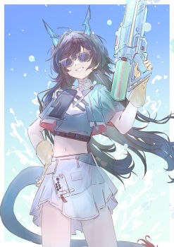 Rule 34 | 1girl, absurdres, arknights, arknights: endfield, black hair, blue jacket, blue shirt, chen qianyu (arknights), chinese commentary, commentary request, cropped jacket, dragon girl, dragon horns, dragon tail, gloves, grin, hand on own hip, highres, holding, holding water gun, horns, jacket, long hair, mandarin collar, navel, sao7, shirt, skirt, smile, solo, stomach, sunglasses, tail, twintails, water gun, white skirt, yellow gloves