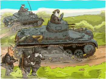 5boys ammunition_pouch bolt_action bush caterpillar_tracks combat_helmet gun gun_sling helmet highres machinery mauser_98 military_vehicle motor_vehicle mp18 multiple_boys original path pouch rifle road stahlhelm submachine_gun tank vehicle_request weapon yabarn