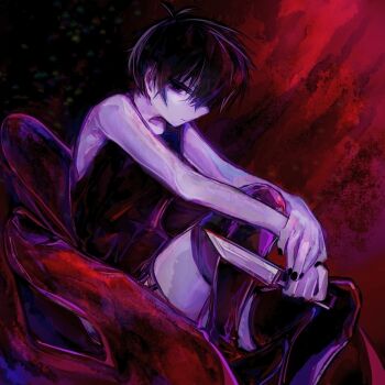 1boy :| antenna_hair bags_under_eyes bare_arms bare_shoulders black_background black_eyes black_hair black_nails black_shorts black_tank_top black_thighhighs chair chinese_commentary closed_mouth colored_skin commentary_request empty_eyes expressionless foot_out_of_frame from_side hair_between_eyes holding holding_knife jitome knee_up knife looking_at_viewer male_focus mellocaa nail_polish no_pupils omori omori_(omori) on_chair own_hands_together profile red_background reverse_grip short_hair shorts sideways_glance simple_background sitting solo striped_clothes striped_shorts tank_top thighhighs two-tone_background two-tone_shorts v_arms vertical-striped_clothes vertical-striped_shorts very_short_hair white_shorts white_skin